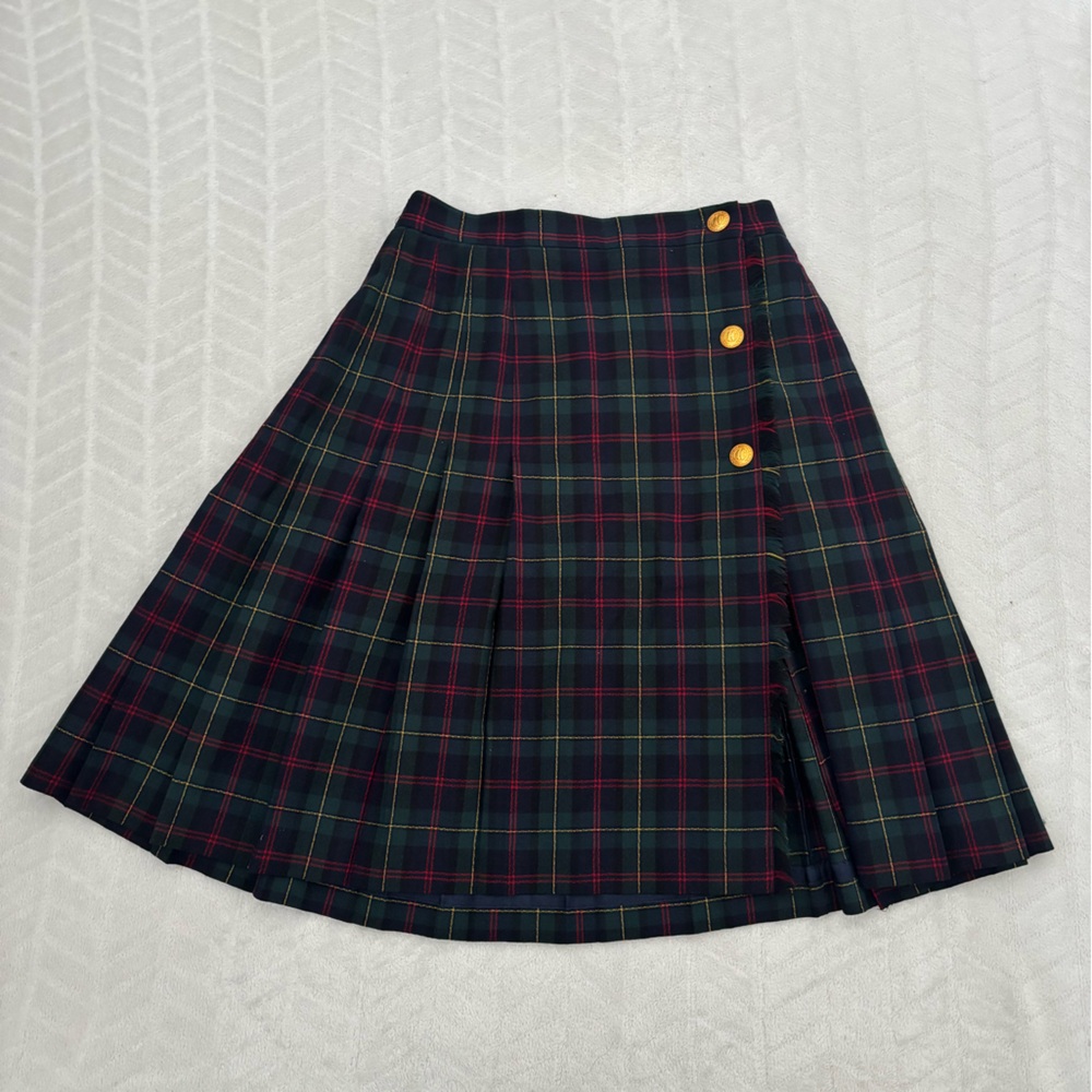 Plaid A-Line Wool Skirt with Button Detail